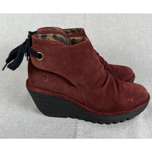 FLY London Yebi Red Suede Ruched Ankle Boots Lace-up Size 37 6.5 - 7 US Merlot